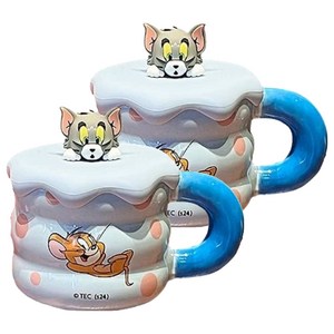StarR 톰과 제리 머그컵 뚜껑 포함 320ml, 블루, 2개