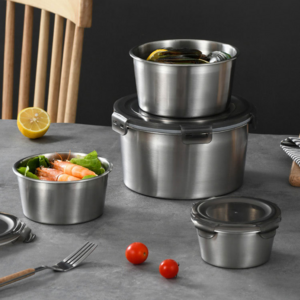 SMABAT 원형 스테인리스 밀폐용기 원형 밀폐용기 400ml+600ml+1100ml+2200ml 스텐 반찬통 스텐 보관용기 가정용 4P세트