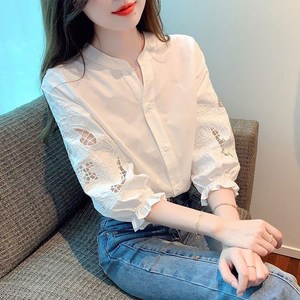 SAHINER 여성 카라없는면남방 자수 퍼프 소매 7부 셔츠 ACS47