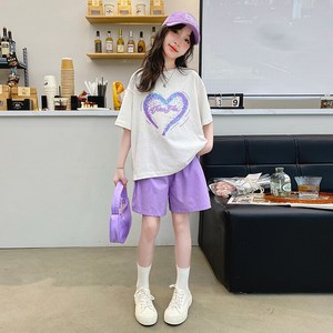 비비키드 여아 여름 상하 세트 초중생 하트티 주니어 반바지 러블리 캐쥬얼 반팔티 루즈핏 상하복 세트