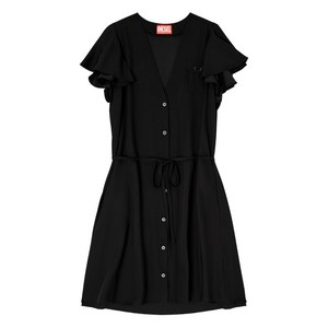 디젤 플러터 소매 V넥 미디 드레스, 블랙계열, Italy 42(KR 55-66)