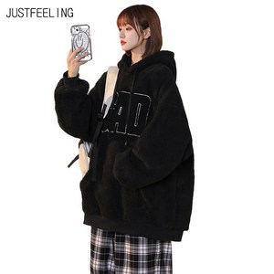 JUSTFEELING M-4XL 150KG까지 캐주얼 뽀글이 와이드핏 여성 긴팔 맨투맨 보온 바람막이 가을 겨울 긴팔티