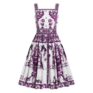 돌체앤가바나 마욜리카 프린트 미디 드레스, 화이트계열+바이올렛/보라계열, Italy 40(KR 44)