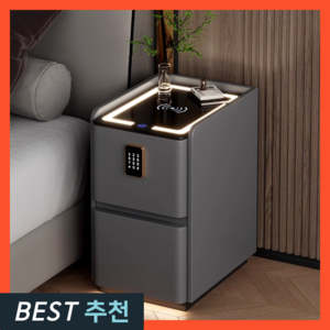 비바홈 무선충전 침대협탁 2단 미니 스마트 사이드 테이블 침대옆 틈새 선반 테이블 서랍장, 진그레이, 1개