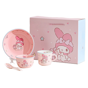 가와시마야 캐릭터 한식기 4종 세트, 핑크, 공기 + 원형 접시..., 1세트
