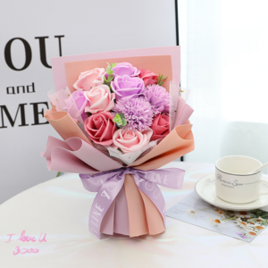 셔니엘 조화 비누 꽃다발 특별한 선물 여자친구 꽃 기념일 생일 졸업 (비누 꽃다발+투명 쇼핑백), 엘레강스 퍼플