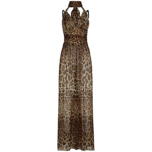 돌체앤가바나 레오파드 프린트 홀터 넥 실크 이브닝 드레스