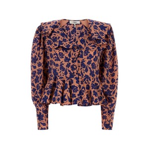 끌로에 러플 플로럴 프린트 크레이프 블라우스, 브라운계열+블루계열, France 34(KR 55)