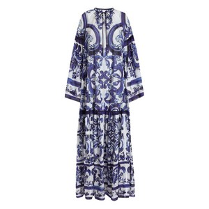돌체앤가바나 마욜리카 프린트 티어드 맥시 드레스, 블루계열+화이트계열, Italy 44(KR 66)