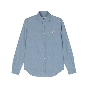 메종키츠네 폭스 헤드 패치 코튼 셔츠, 블루계열, Collar (cm) 41