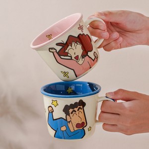 Keyiyijia 짱구 세라믹 머그잔 2개입, 블루 + 핑크, 1세트