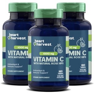 Heart & Harvest 1000mg 비타민 C 내추럴 로즈 힙 포함 타블렛, 180정, 3개