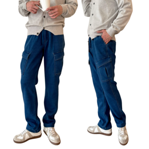 남자 밍크퍼 기모 워셔블 카고 니트 데님팬츠