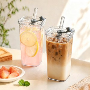 2개 유리 텀블러 빨대 유리컵 밀폐뚜껑 빨대 포함 400ml 2pcs