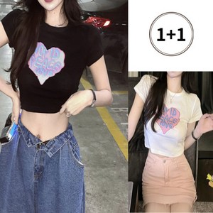 제이나 (1+1) 여성 하트 영문 반팔 크롭티