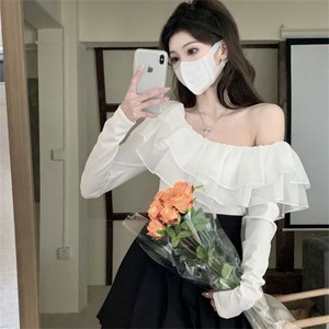 besteffie 여성 봄가을 티셔츠 소프트 보트넥 슬림핏 오프숄더 롱슬리브 러블리 레이스 오프숄더 달콤 K15