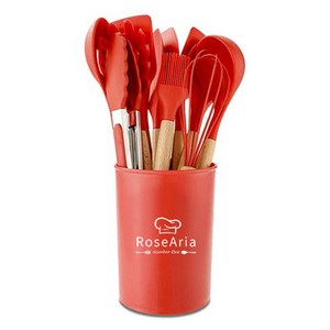 Rosearia 실리콘 나무 손잡이 주방 조리도구 12종 세트 수납통 포함, 레드, 1개