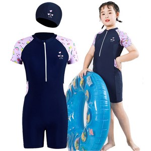 리틀오즈 주니어 여아 반팔 집업 실내 수영복 세트