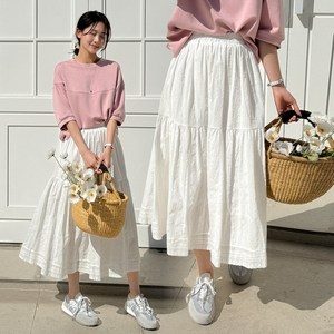 데일리앤 미르 여리핏 밴딩 펀칭 레이스 플레어 화이트 롱 스커트 봄 여름 가을
