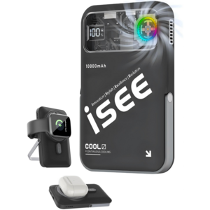 isee 아이시10000mAh 쿨링 맥세이프 터보 냉각팬 거치대 무선고속충전 3in1리튬 폴리머 보조배터리, 블랙