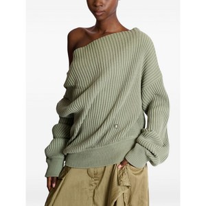 발망 비대칭 넥 골지 니트 스웨터, 그린계열, Standard M(KR 66)