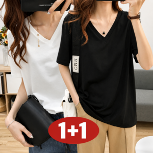 오스틱니 (완전 편한) 150kg까지 빅사이즈 1+1 여성 브이넥 솔리드 일자 티셔츠 반팔 여름 원단좋은 루즈핏 오버핏 날씬해보이는 심플 데일리 패션 기본티 미디티 면 박스티 티
