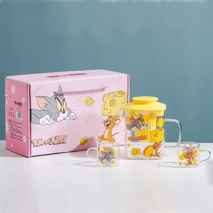 Keyiyijia 톰과 제리 유리 다기 세트, 옐로, 티포트+찻잔2개입, 1세트