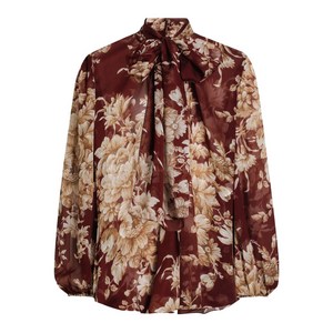 돌체앤가바나 플로럴 프린트 보우 블라우스, 브라운계열+베이지계열, Italy 40(KR 44)