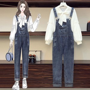 여자 퍼프소매 블라우스 데님 멜빵바지 상하세트 긴팔 셔츠 청바지 투피스 빅사이즈 데일리