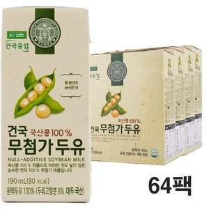건국 무첨가두유 국산콩 콩물원액두유, 190ml, 64개