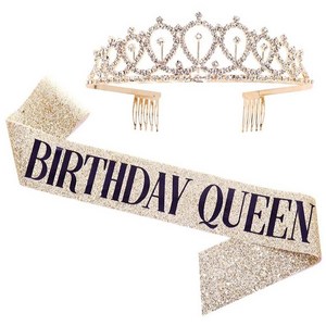 트윙클 티아라 글리터 생일파티 어깨띠 세트 [에브리띵스마일] 1197, 1세트, 골드 퀸