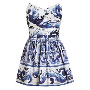 돌체앤가바나 마졸리카 프린트 스트랩리스 미니 드레스, 화이트계열+블루계열, Italy 42(KR 55)