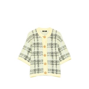 발망 버튼 체크 트위드 가디건, 옐로우계열+블랙계열, France 36(KR 55)