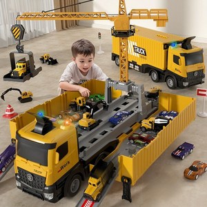 토요요 대형 변신 타워크레인 트럭 다기능 슈팅트랙 레이싱 장난감 미니카 주차장 놀이 수납 세트, 노란색, 1개