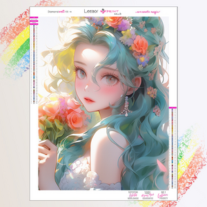 원형 보석십자수 키트보석 십자수 캔버스형Diy Anime Diamond Painting 소녀 꽃을 입고 전체 다이아몬드 모자이크 자수 크로스 스티치 다이아몬드 페인팅 키트 홈 장식, HH143, 라운드 40x50, 1개