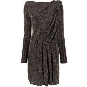 생로랑 드레이프 메탈릭 패디드 숄더 드레스