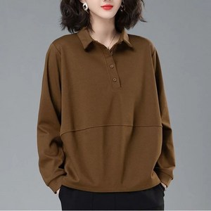 빅사이즈 L~5XL 순면 긴팔 셔츠 패션 루즈핏 오버핏 여성 카라넥 반오픈 버튼 단추 맨투맨 티셔츠