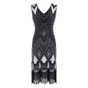 빈티지 스팽글 원피스 태슬 브이넥 파티 발리댄스 드레스