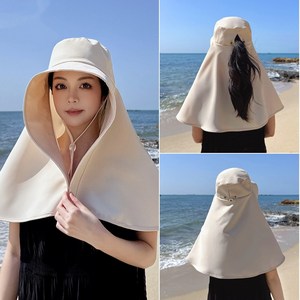 햇빛가리개 목보호 일체형 모자 등산 산책, 베이지, 1개