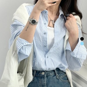 모니크 여성 스트라이프 줄무늬 루즈핏 오버핏 쉬폰 프릴 시스루 레이스 플리츠 여자 긴팔 블라우스 셔츠