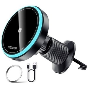 Essager 마그네틱 차량용 충전기 LED 라이트 맥세이프 15w 고속 무선충전+송풍구형 거치대, 송풍구형