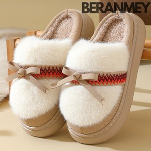 Beranmey 리본 털슬리퍼 통굽 발편한 퍼 실내화 여성