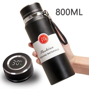 리유저블컵 보온보냉 대용량 316스텐 스마트 온도표시 텀블러 아웃도어 스포츠 물병, 검은색, 800ml, 1개