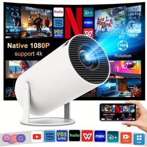 휴대용 빔 프로젝터 720P 180도 회전 화면 미러링 HD 화질 홈 빔 프로젝터 호환 로이드 11.0 스마트 빔 캠핑/크리스마스 선물로