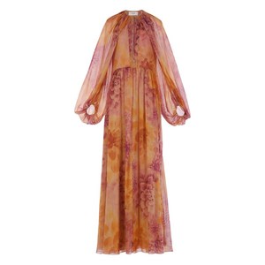 셀린느 플로럴 프린트 벌룬 소매 드레스, 오렌지계열+핑크계열, FR 36(KR 44)