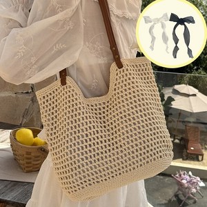 FANTAKI 여름 코바늘 뜨개 가방 빅사이즈 숄더백 보부상 가방 네트백 모사 리본 DIY 비치 백 대용량 토트백 에코백 라탄백