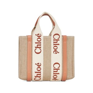 끌로에 우디 로고 디테일 리넨 스몰 토트 백