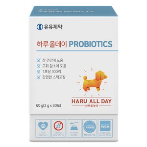 유유제약 하루올데이 PROBIOTICS 강아지 유산균 영양제 면역력 소화력개선 1포 300억 카제로템 신바이오틱스 2gx30포, 1개, 장건강/유산균