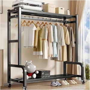 BILIMO 튼튼한 철제 스탠드 2단 선반 이불 케리어 수납 가능한 이동식 옷걸이 행거