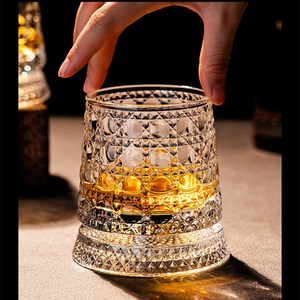 Siemzon 회전 위스키 잔 양주 잔 크리스탈 글라스 잔 280ml, 보석 무늬(10cm..., 4개